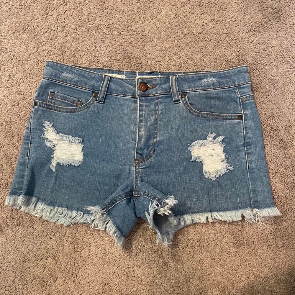 Light wash high rise distressed grinder cutoff shorts - size 5